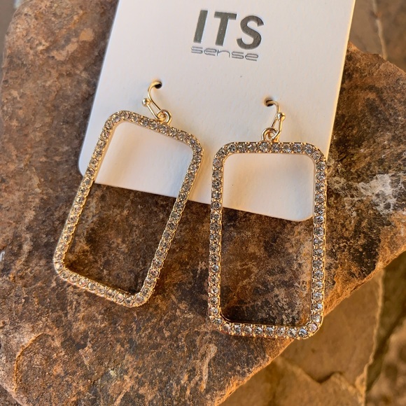 Goldtone Pave Glass Stone Rectangle Earrings - Picture 3 of 5